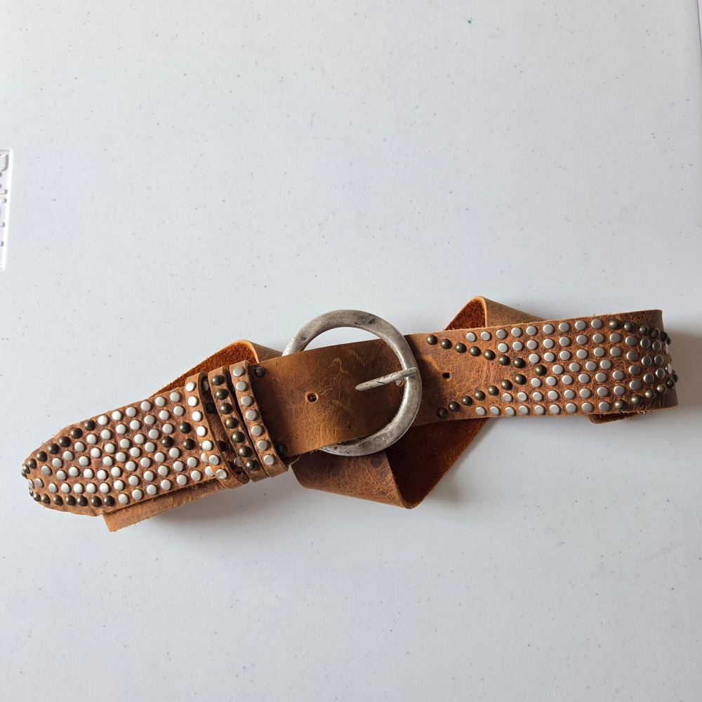 Genuine Leather Studded Belt Brown Distressed Western Boho Wide Round Buckle
